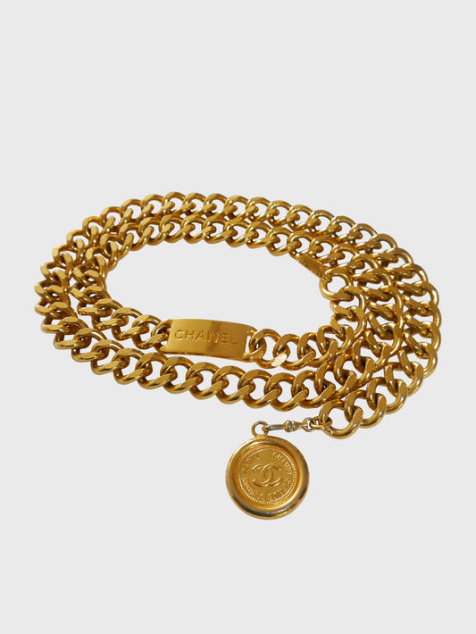 CHANEL 1980s Vintage Gold Chain Belt w/ Signature Pendant