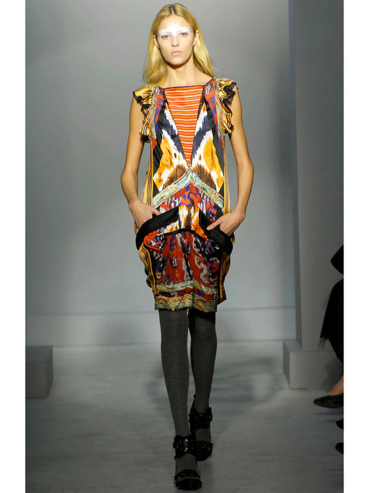 BALENCIAGA by Nicolas Ghesquière Fall 2007 Vintage Ikat Print Silk Dress Size S