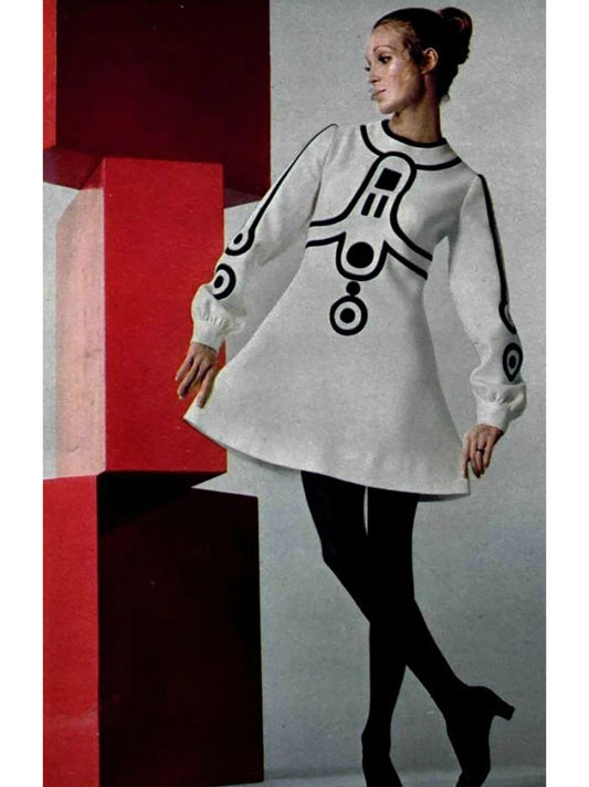 LOUIS FÉRAUD 1960s Vintage Space Age Mini Dress w/ Graphic Print Size XS