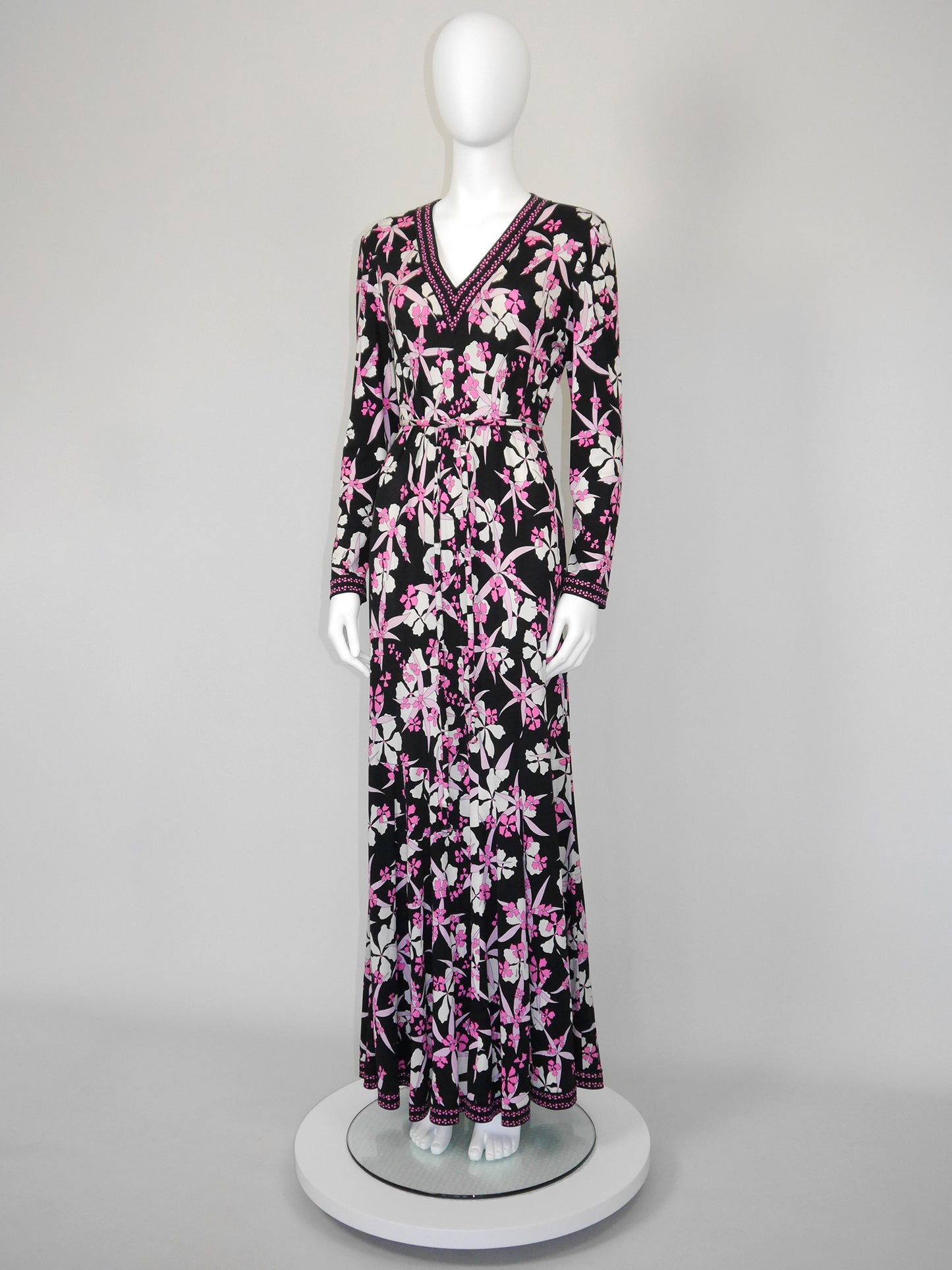 BESSI 1970s Vintage Floral Signature Print Silk Maxi Evening Dress Unworn Size XL