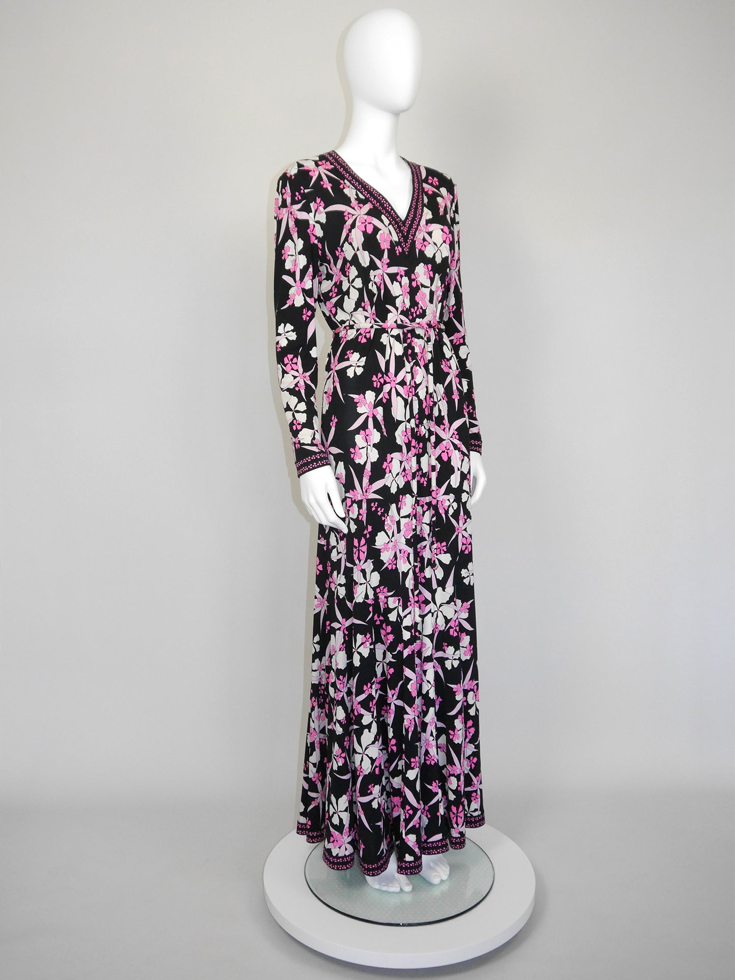 BESSI 1970s Vintage Floral Signature Print Silk Maxi Evening Dress Unworn Size XL