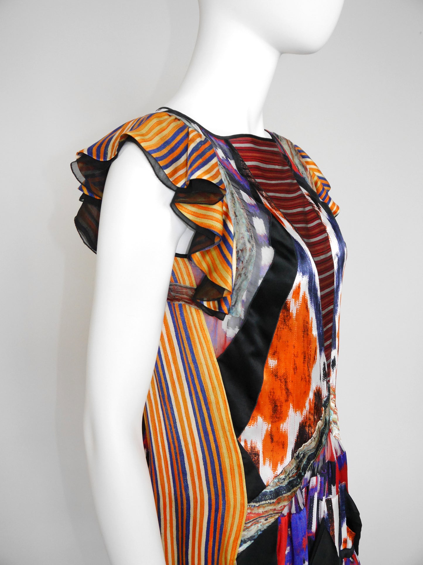 BALENCIAGA by Nicolas Ghesquière Fall 2007 Vintage Ikat Print Silk Dress Size S