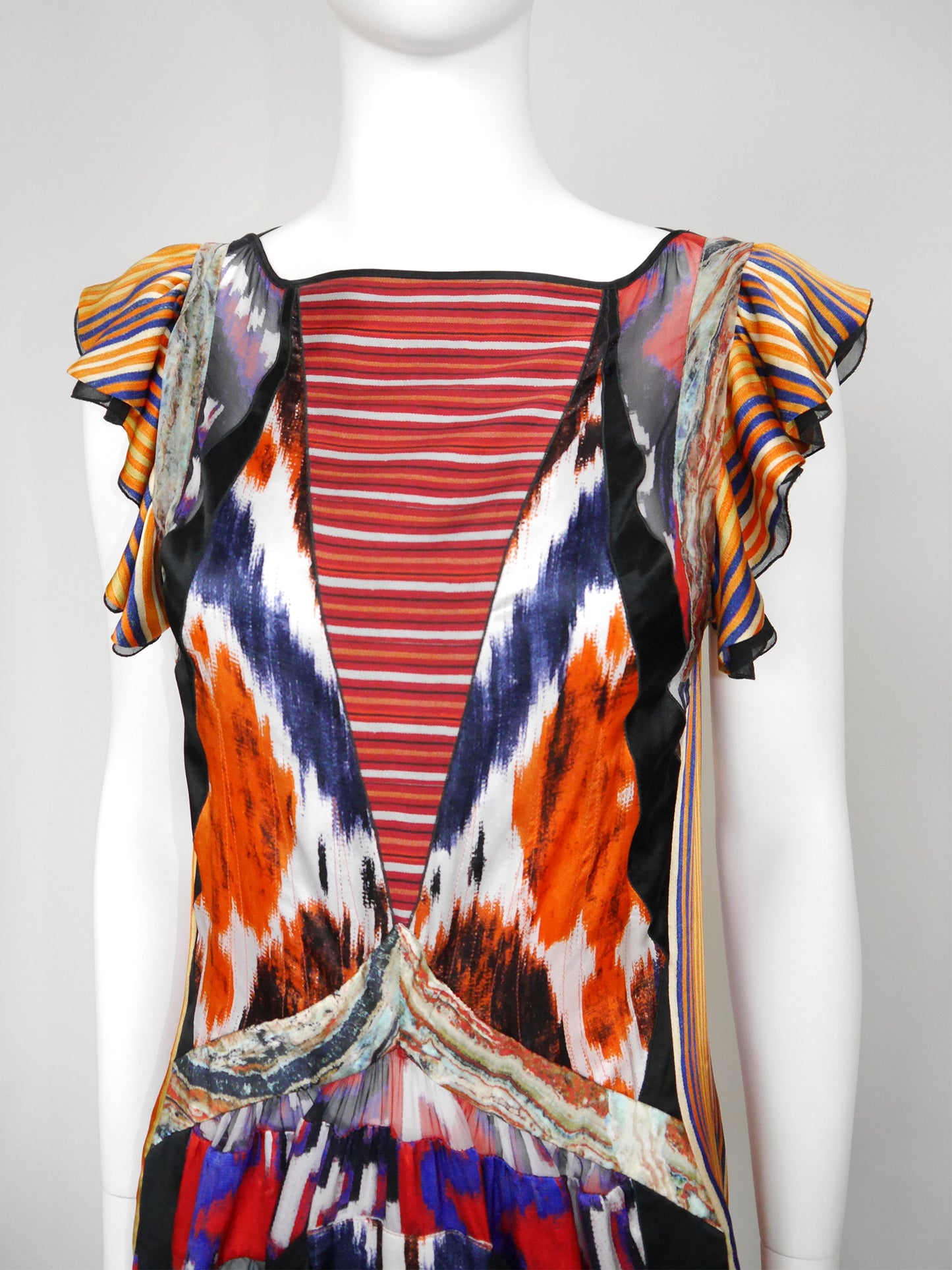 BALENCIAGA by Nicolas Ghesquière Fall 2007 Vintage Ikat Print Silk Dress Size S