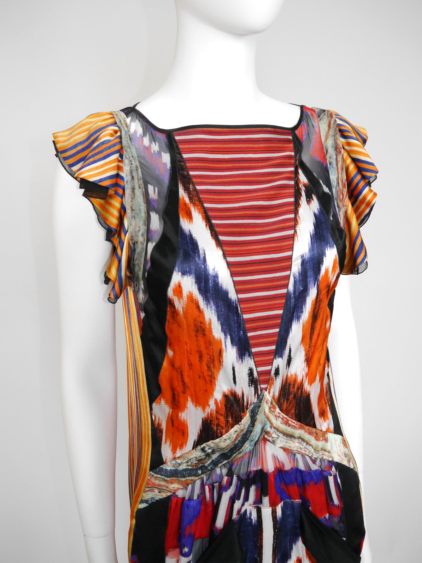 BALENCIAGA by Nicolas Ghesquière Fall 2007 Vintage Ikat Print Silk Dress Size S