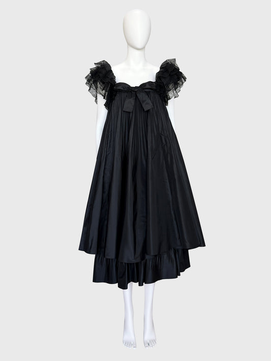 BERNARD PERRIS 1970s 1980s Vintage Black Silk Taffeta & Lace Babydoll Evening Dress Size XXS