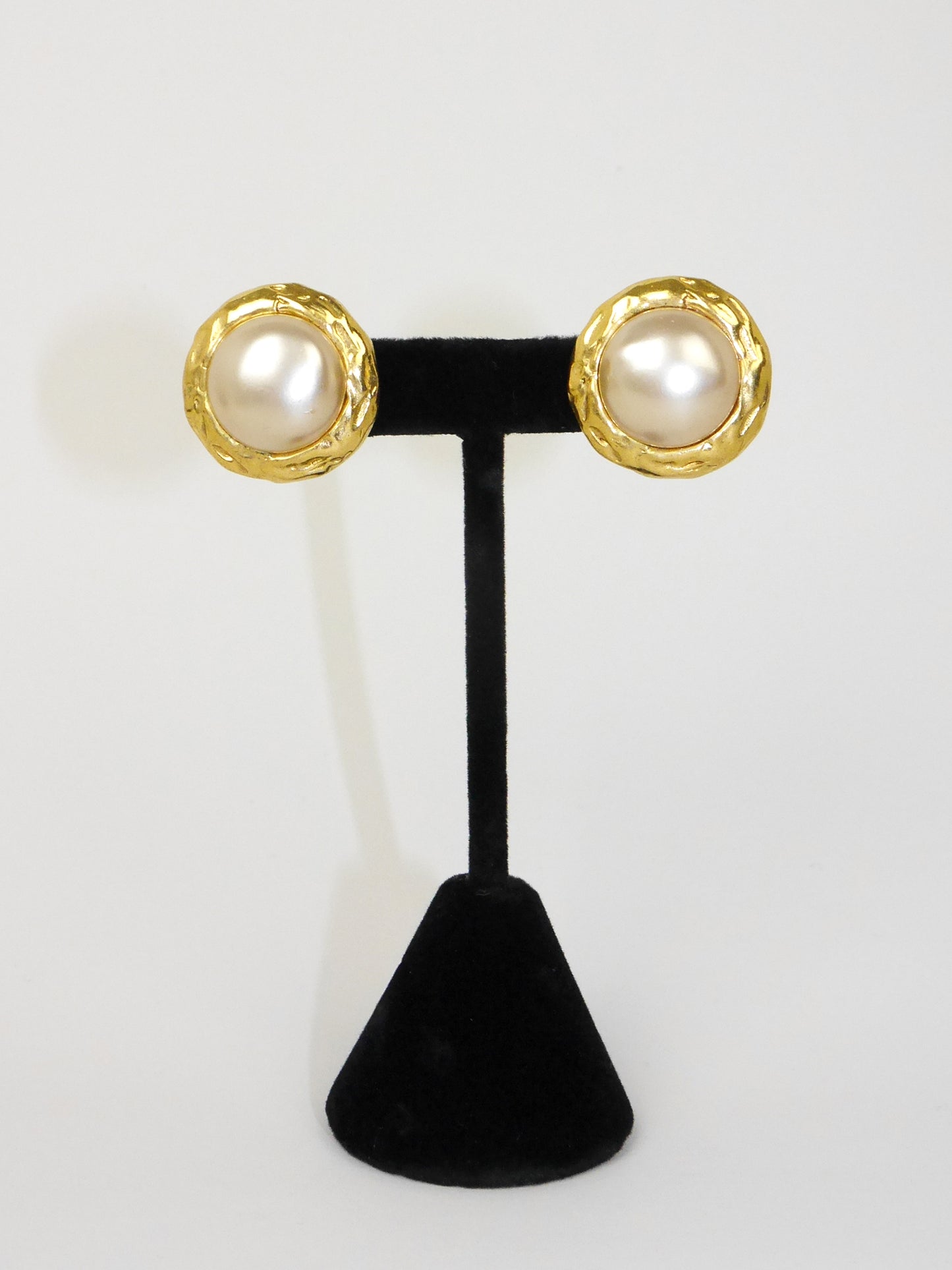 CHANEL 1980s Vintage Clip-On Earrings Gold Tone Metal & Faux Pearl