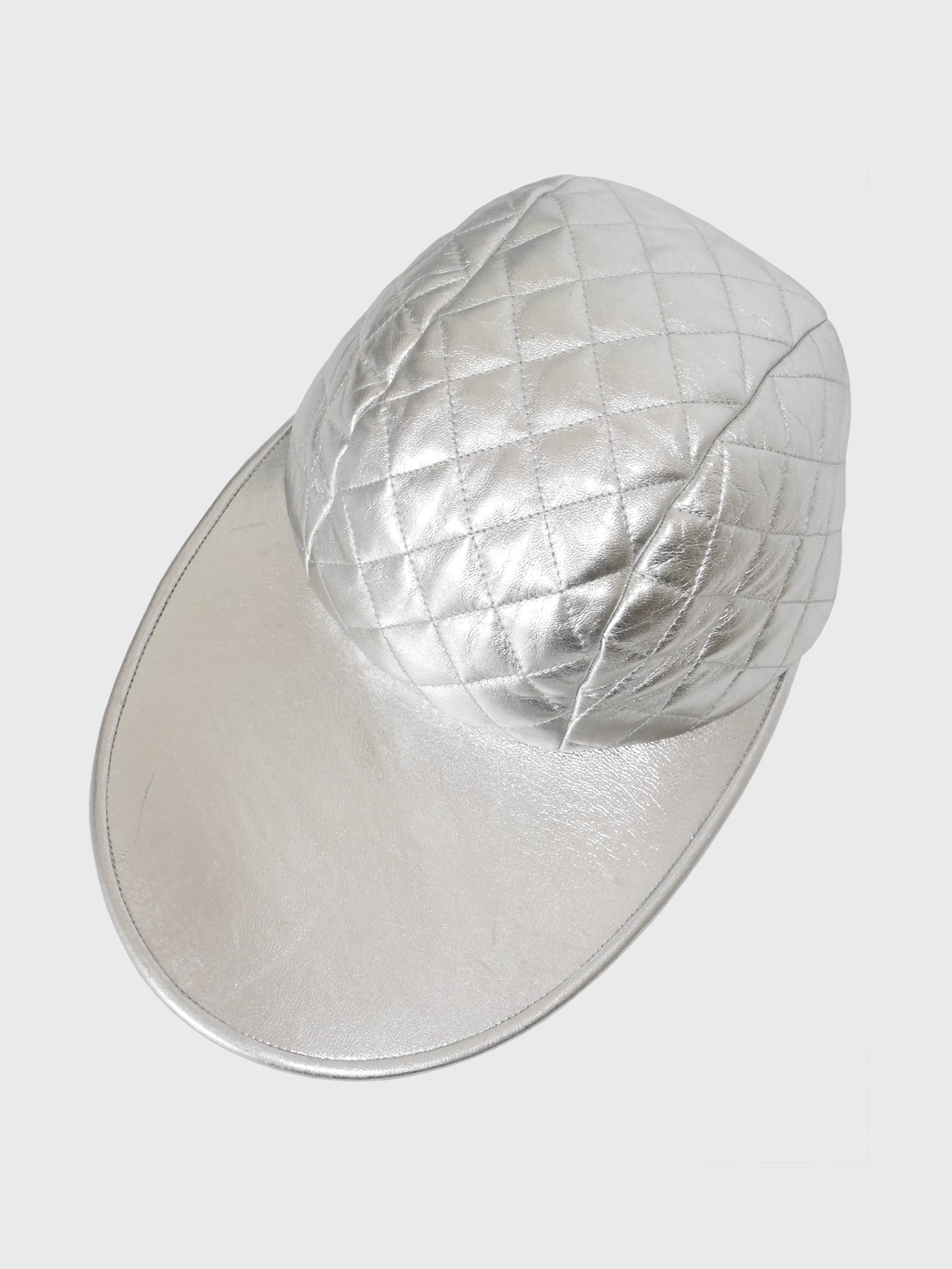 CHANEL Fall 1991 Vintage Silver Quilted Lambskin Leather Cap
