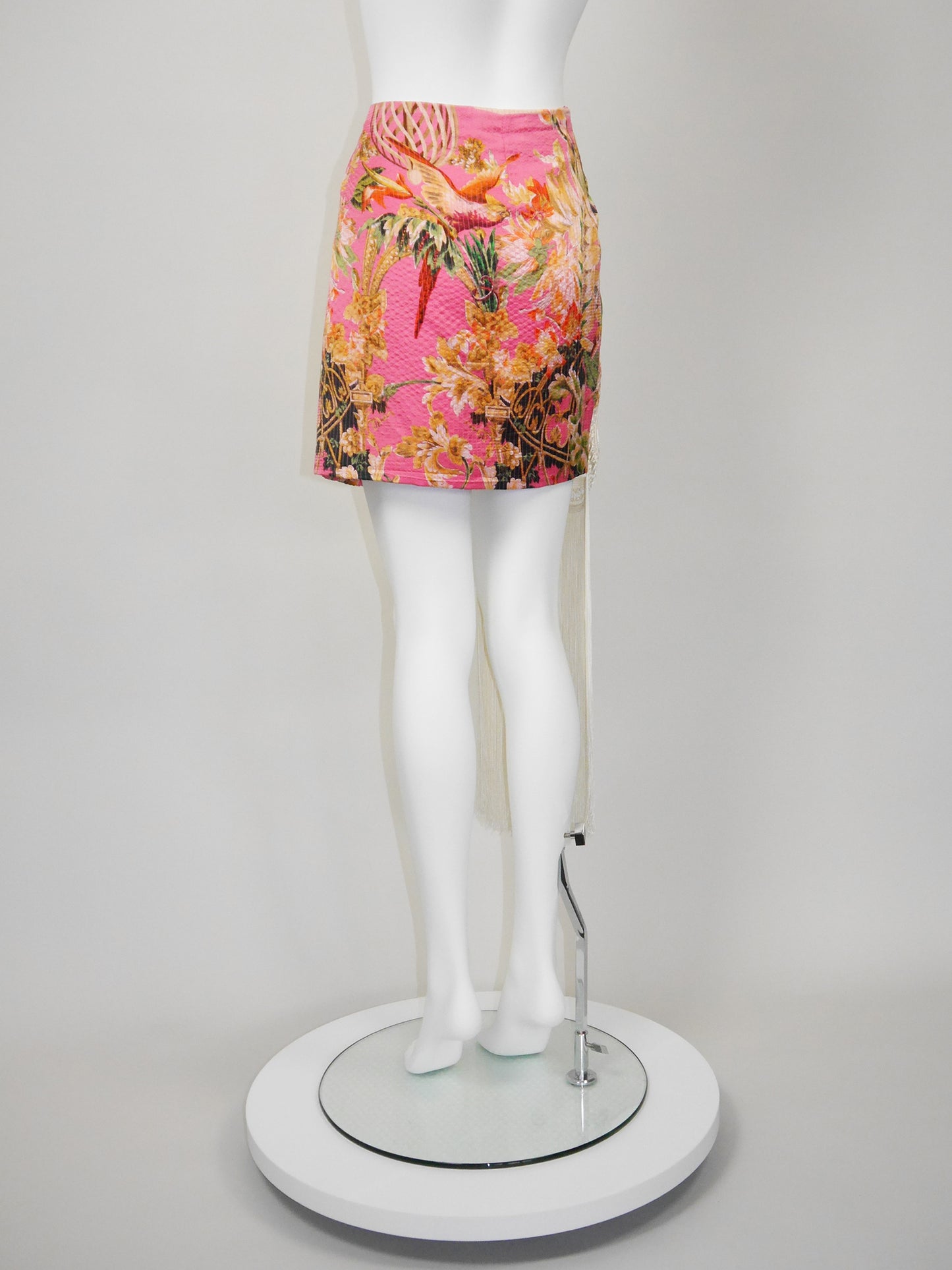 CHRISTIAN DIOR by Gianfranco Ferré Spring 1995 Vintage Floral Silk Mini Skirt w/ Fringe & Sequins Size L