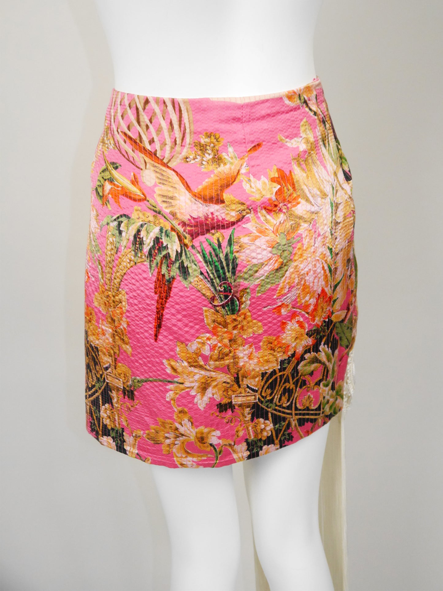 CHRISTIAN DIOR by Gianfranco Ferré Spring 1995 Vintage Floral Silk Mini Skirt w/ Fringe & Sequins Size L