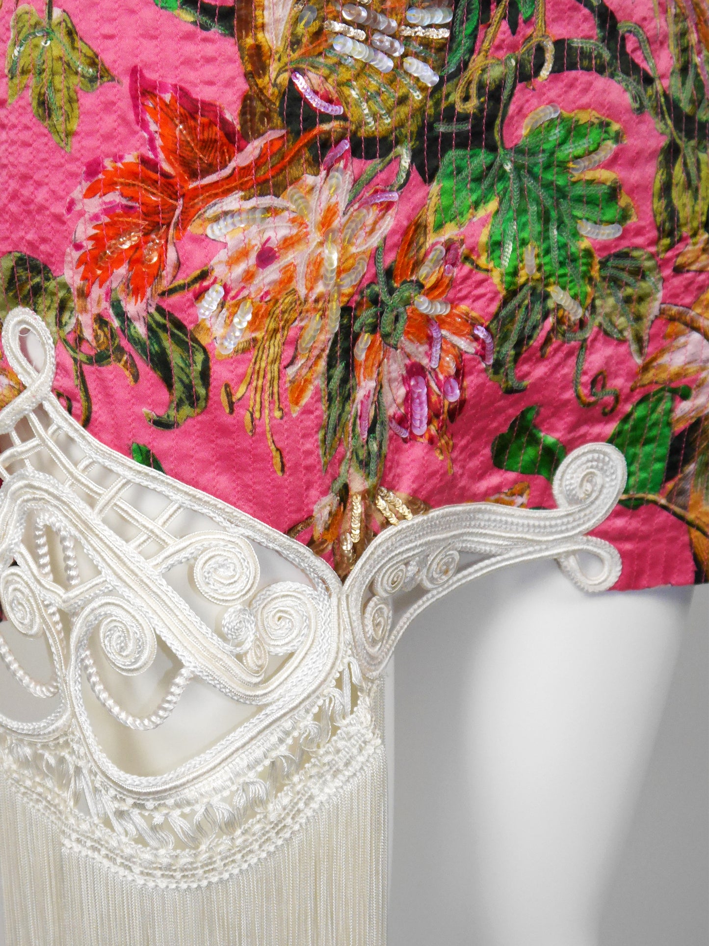 CHRISTIAN DIOR by Gianfranco Ferré Spring 1995 Vintage Floral Silk Mini Skirt w/ Fringe & Sequins Size L