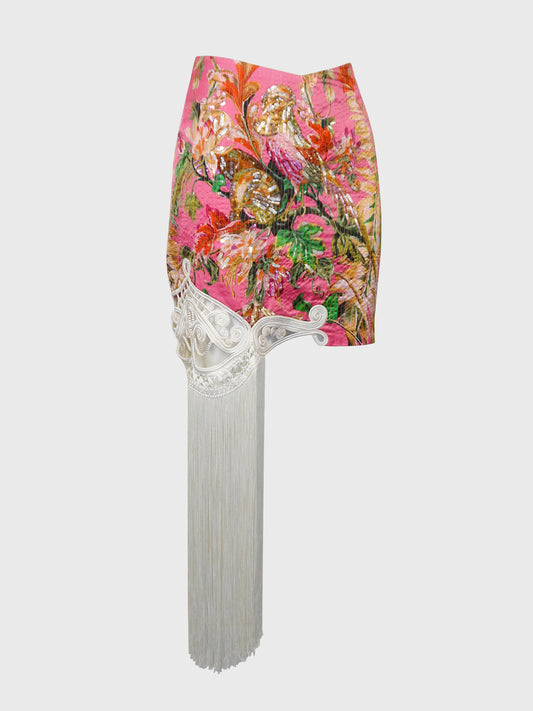 CHRISTIAN DIOR by Gianfranco Ferré Spring 1995 Vintage Floral Silk Mini Skirt w/ Fringe & Sequins Size L