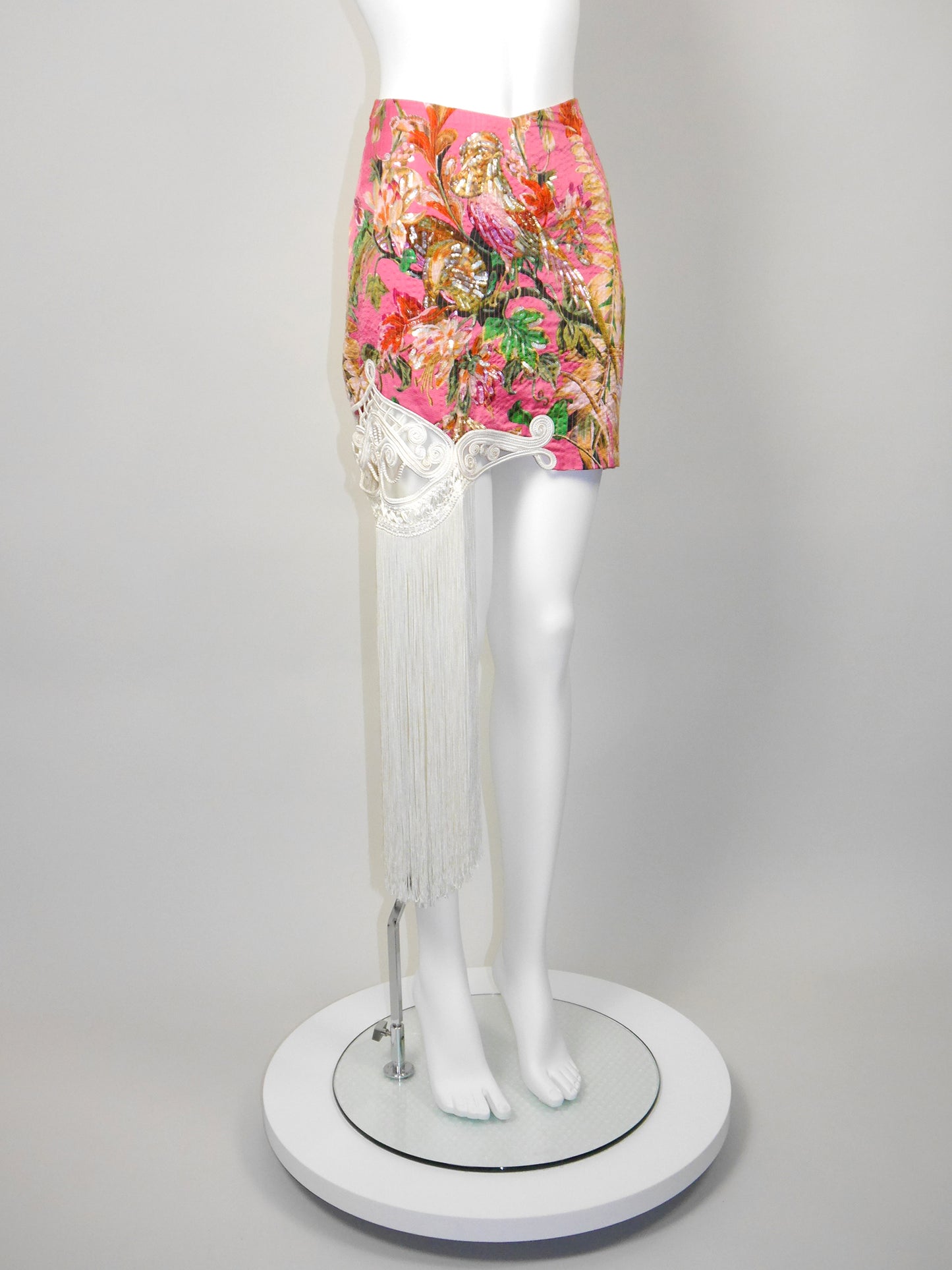CHRISTIAN DIOR by Gianfranco Ferré Spring 1995 Vintage Floral Silk Mini Skirt w/ Fringe & Sequins Size L