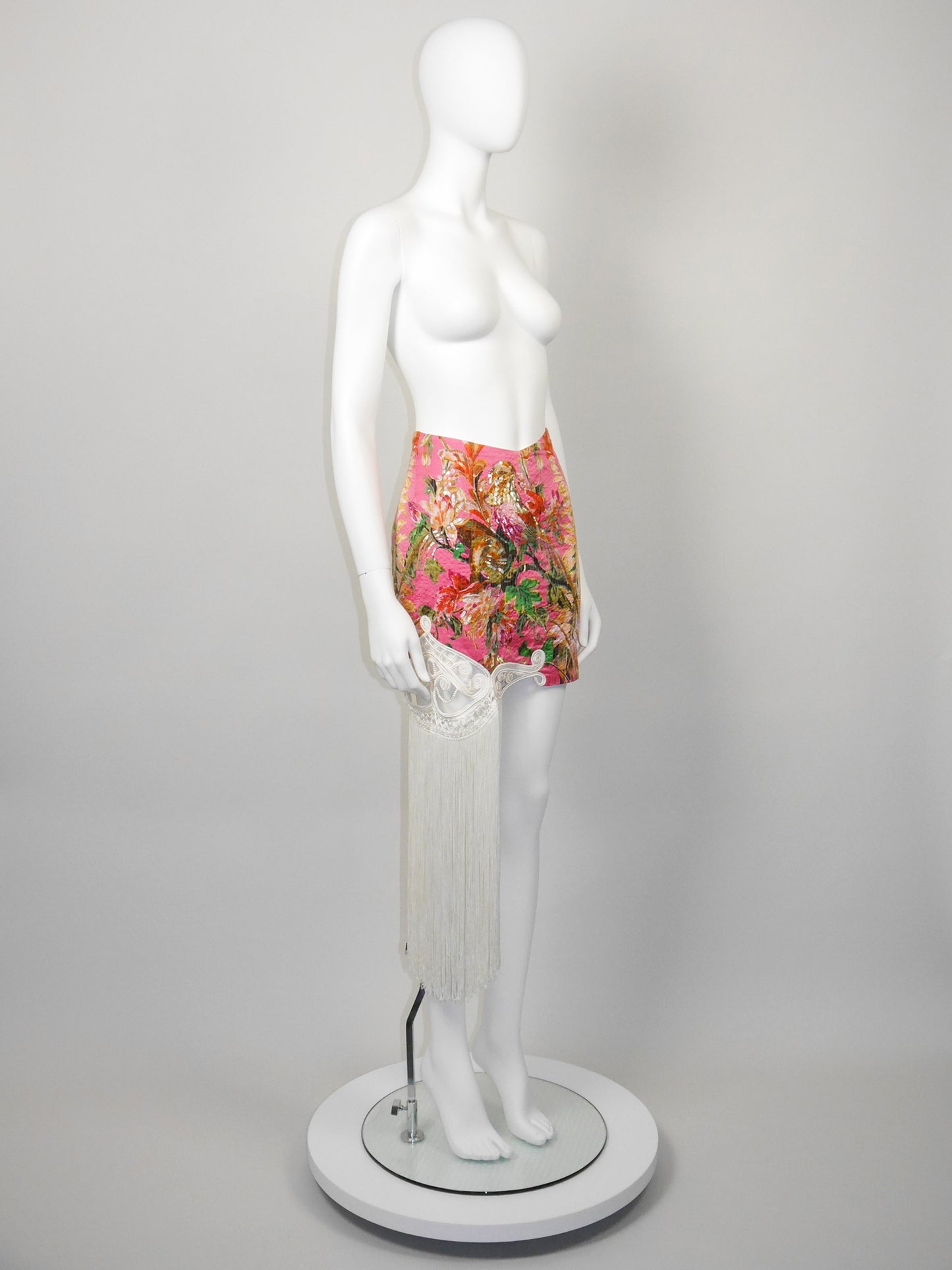 CHRISTIAN DIOR by Gianfranco Ferré Spring 1995 Vintage Floral Silk Mini Skirt w/ Fringe & Sequins Size L