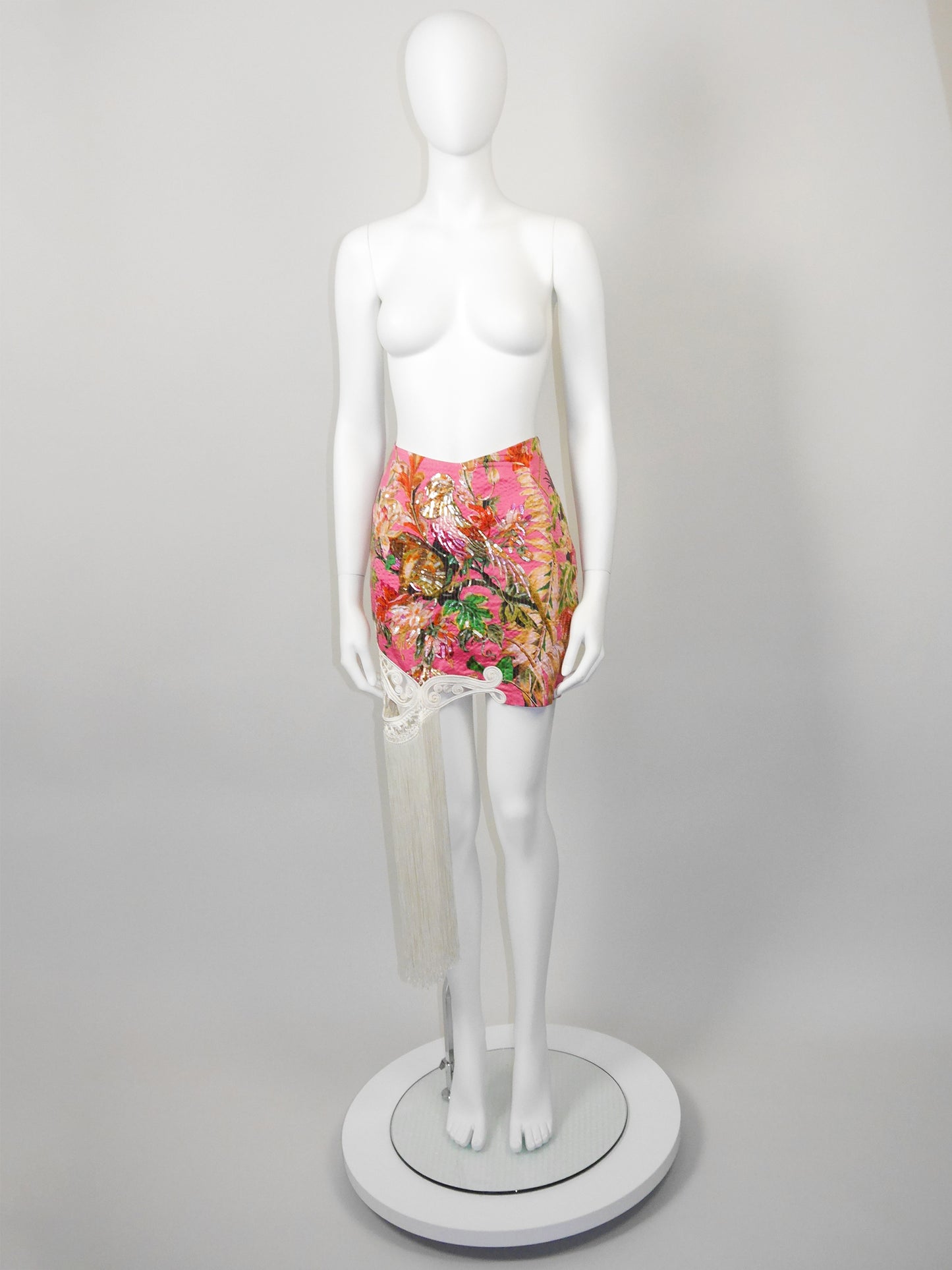 CHRISTIAN DIOR by Gianfranco Ferré Spring 1995 Vintage Floral Silk Mini Skirt w/ Fringe & Sequins Size L