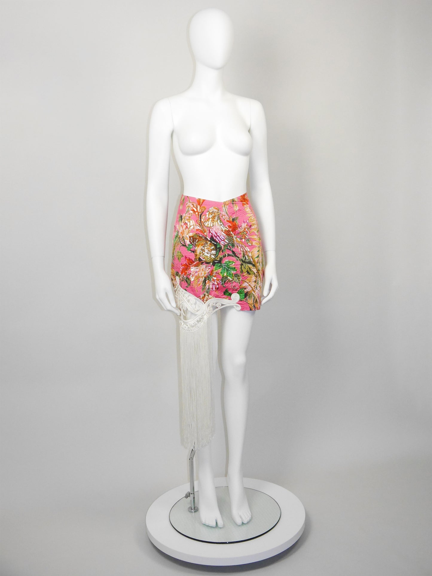 CHRISTIAN DIOR by Gianfranco Ferré Spring 1995 Vintage Floral Silk Mini Skirt w/ Fringe & Sequins Size L