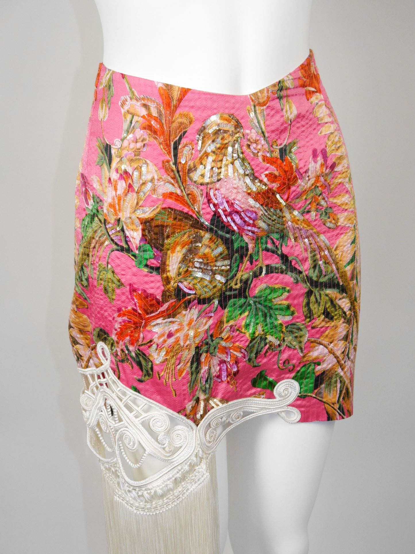 CHRISTIAN DIOR by Gianfranco Ferré Spring 1995 Vintage Floral Silk Mini Skirt w/ Fringe & Sequins Size L