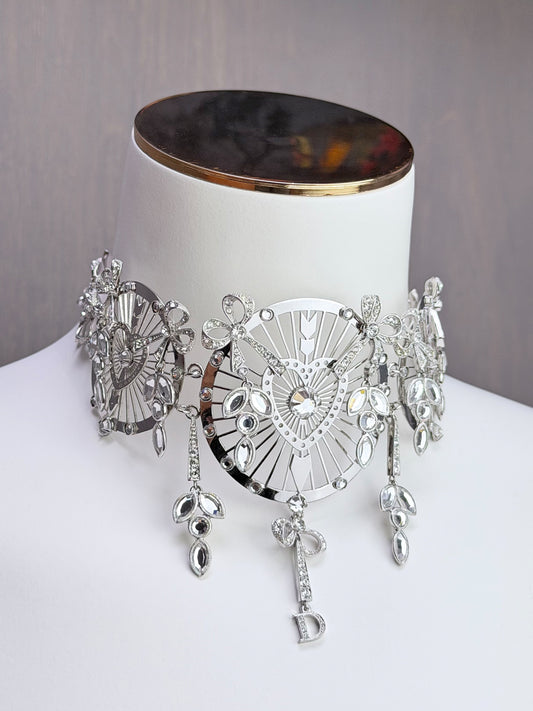 CHRISTIAN DIOR by John Galliano 2000s Vintage Silver Heart & Arrow Choker Necklace