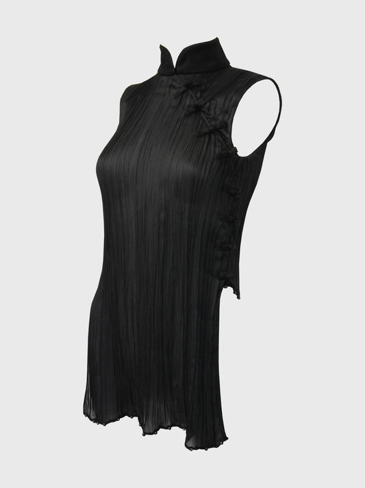 CHRISTIAN DIOR Spring 1999 Vintage Pleated Beaded High-Low Cheongsam Silk Top