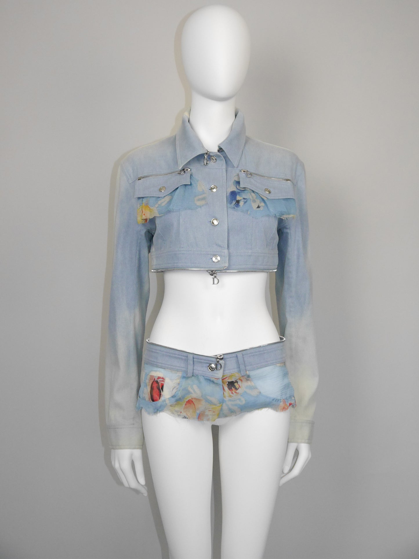 CHRISTIAN DIOR by John Galliano Spring 2001 Vintage Convertible Denim Jacket w/ Logo Zippers Size M
