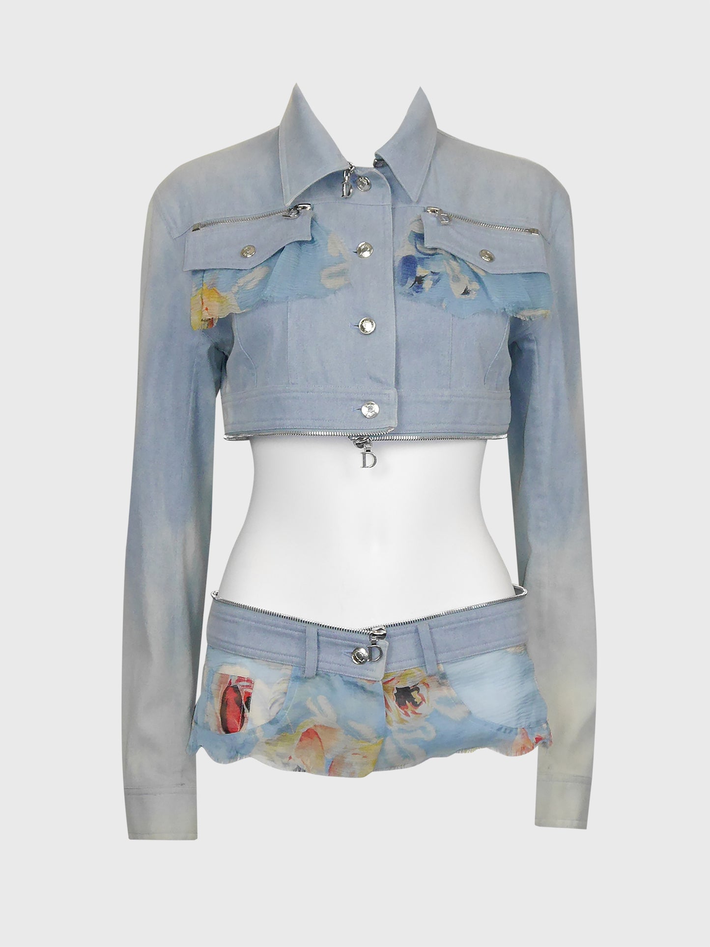 CHRISTIAN DIOR by John Galliano Spring 2001 Vintage Convertible Denim Jacket w/ Logo Zippers Size M