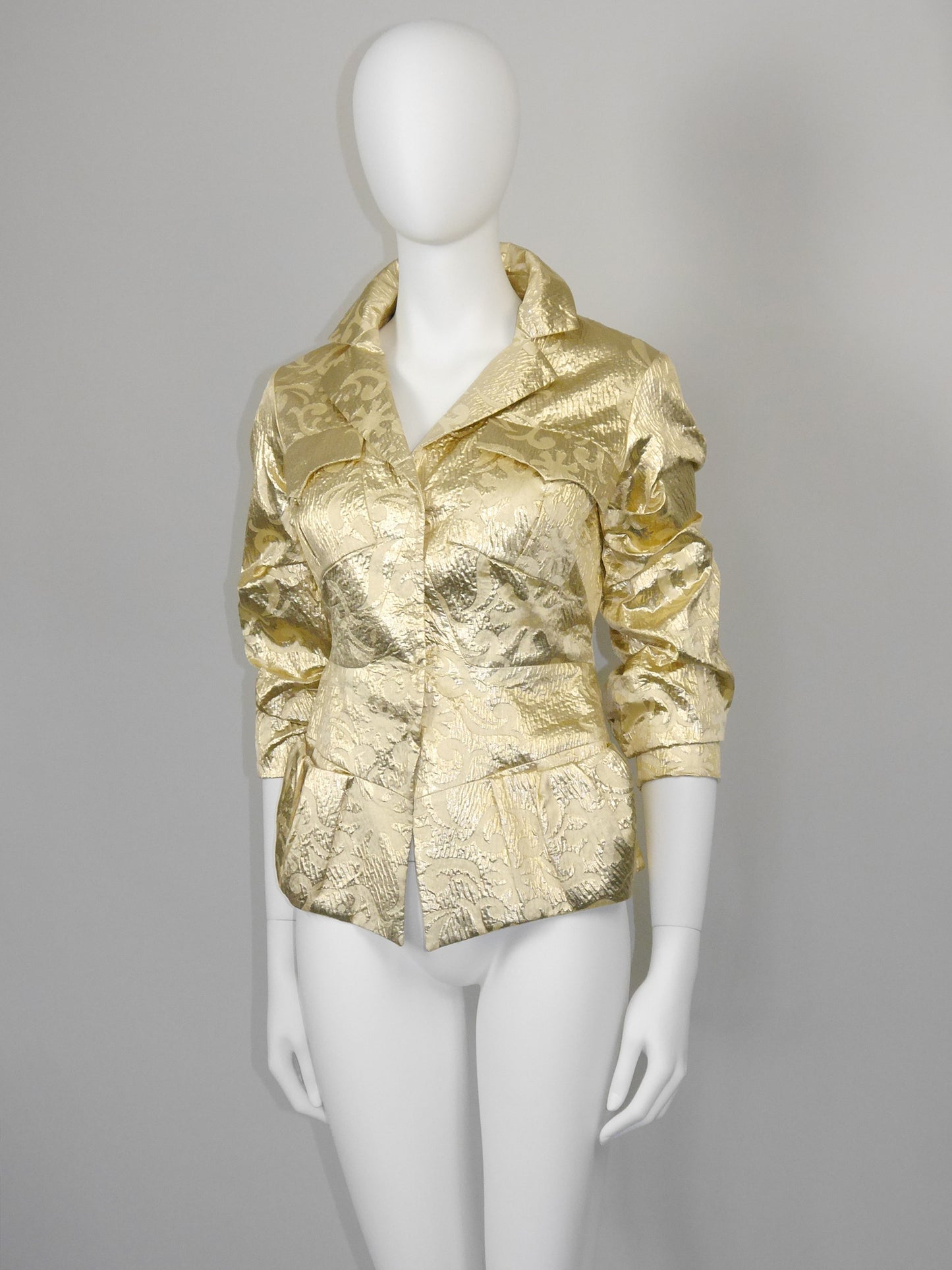 CHRISTIAN LACROIX Fall 1999 Vintage Sculptural Metallic Gold Brocade Evening Jacket Size XS