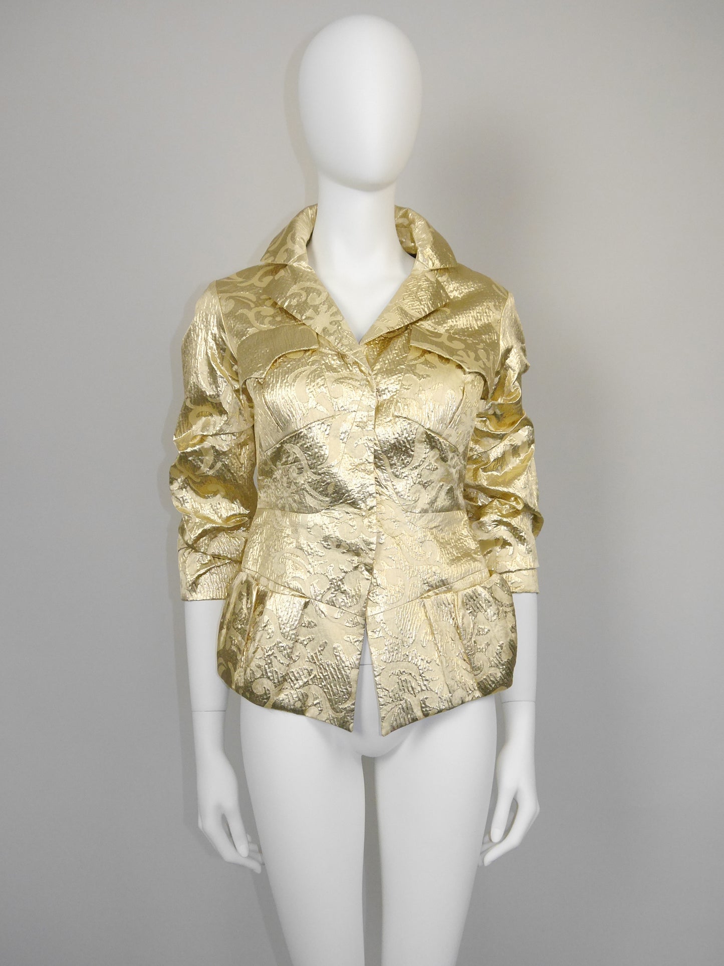 CHRISTIAN LACROIX Fall 1999 Vintage Sculptural Metallic Gold Brocade Evening Jacket Size XS