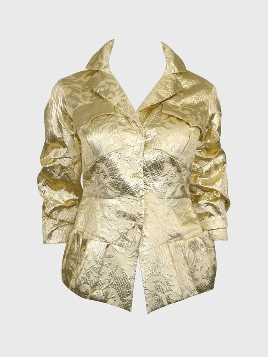CHRISTIAN LACROIX Fall 1999 Vintage Sculptural Metallic Gold Brocade Evening Jacket Size XS