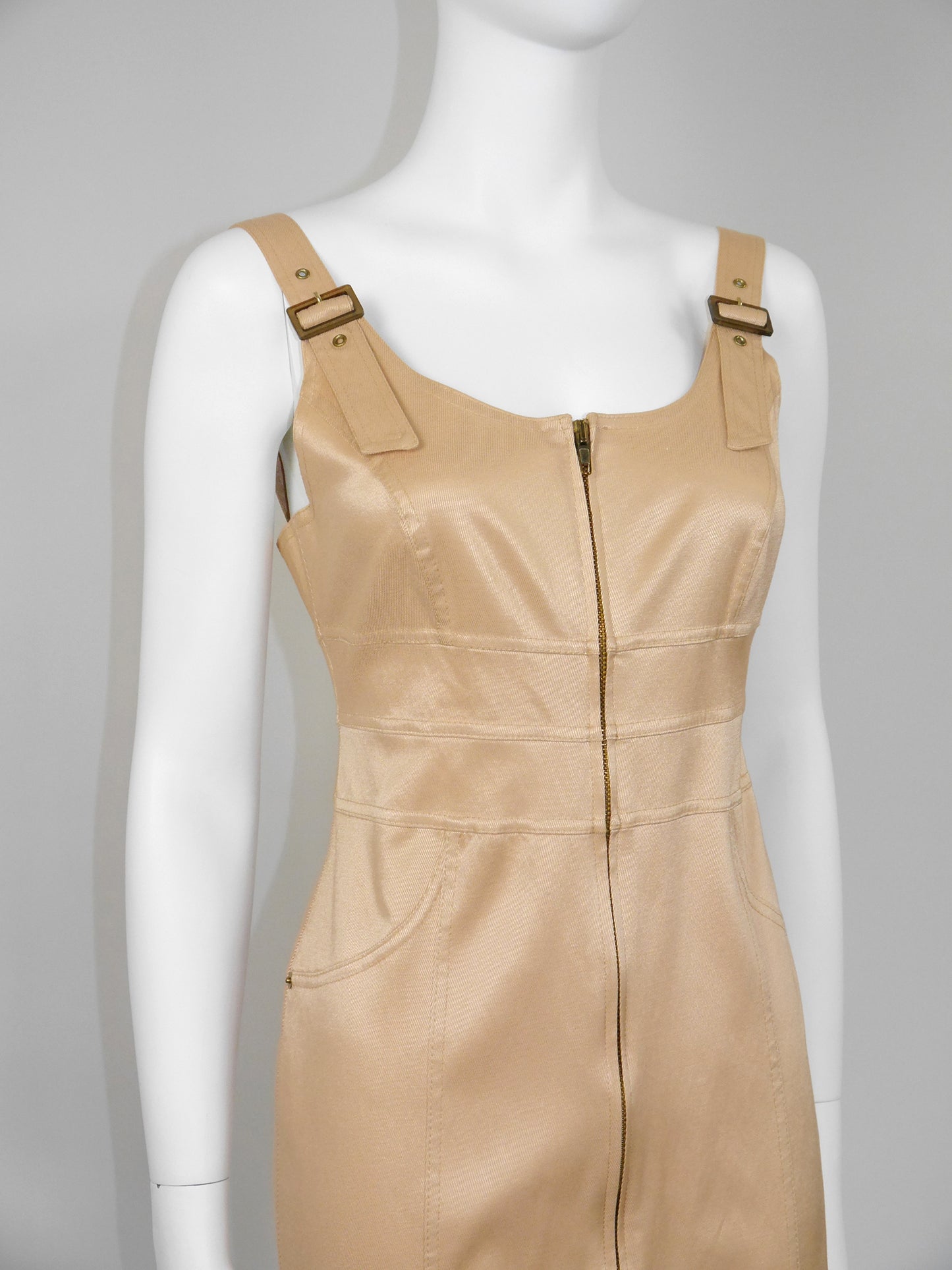 CLAUDE MONTANA 1990s Vintage Gold Mini Dress & Cropped Jacket w/ Belt Suit Size S