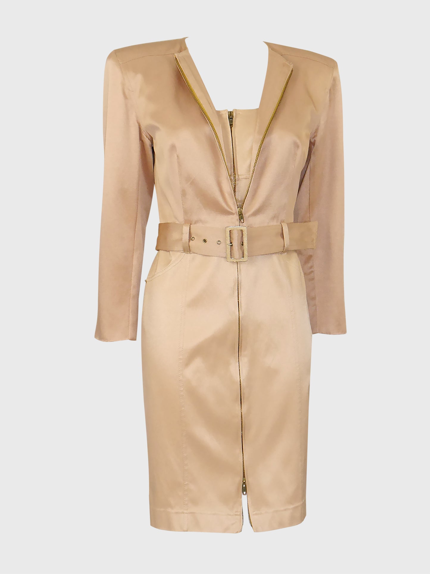 CLAUDE MONTANA 1990s Vintage Gold Mini Dress & Cropped Jacket w/ Belt Suit Size S