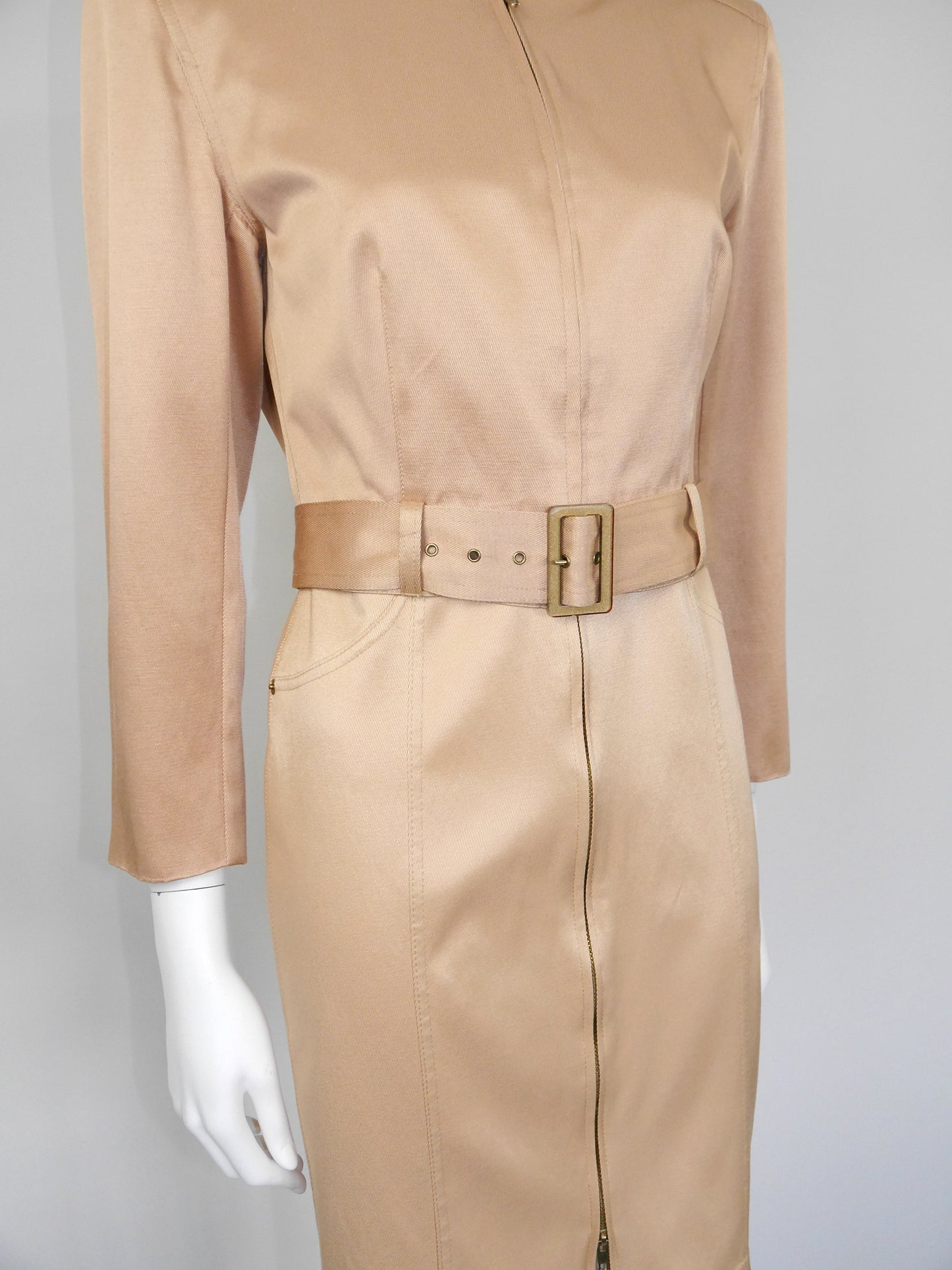 CLAUDE MONTANA 1990s Vintage Gold Mini Dress & Cropped Jacket w/ Belt Suit Size S