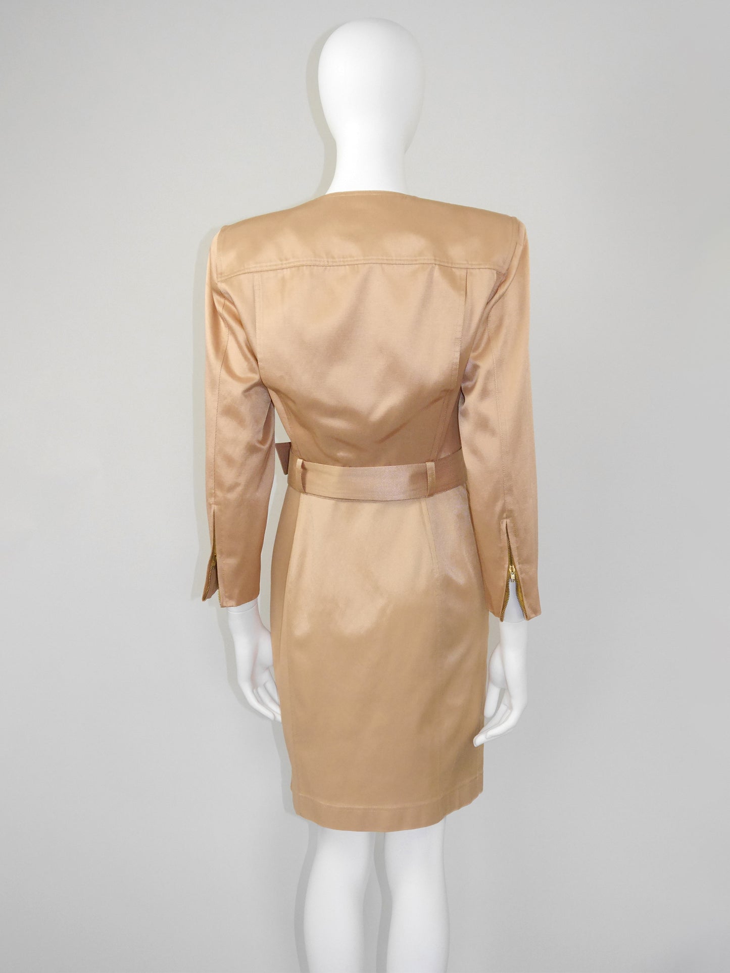 CLAUDE MONTANA 1990s Vintage Gold Mini Dress & Cropped Jacket w/ Belt Suit Size S