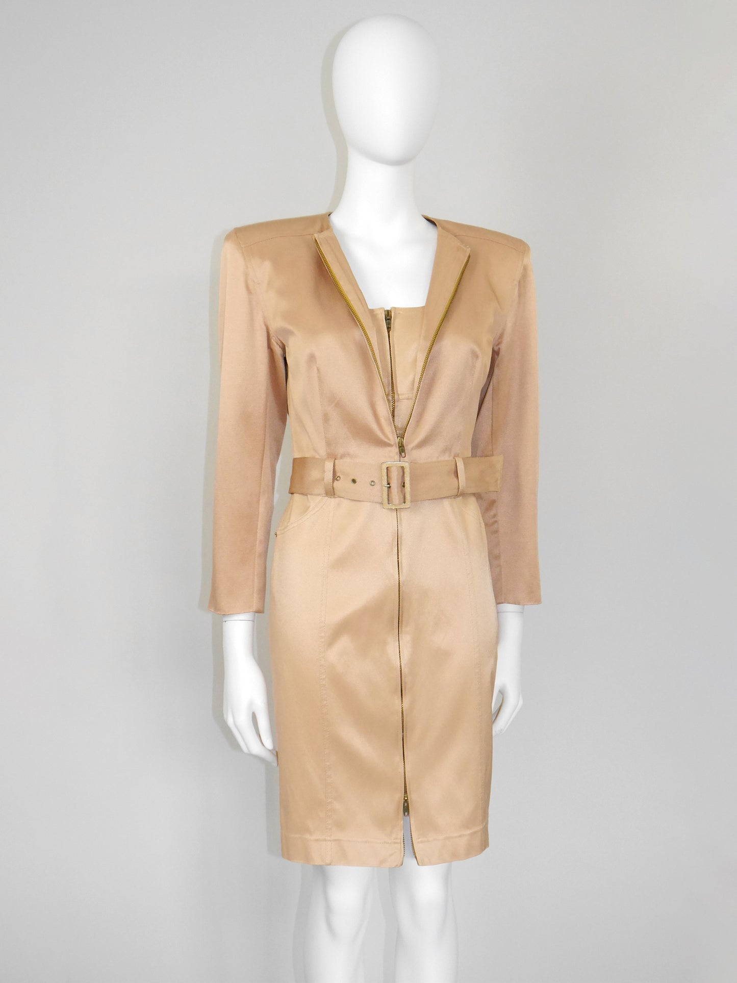 CLAUDE MONTANA 1990s Vintage Gold Mini Dress & Cropped Jacket w/ Belt Suit Size S