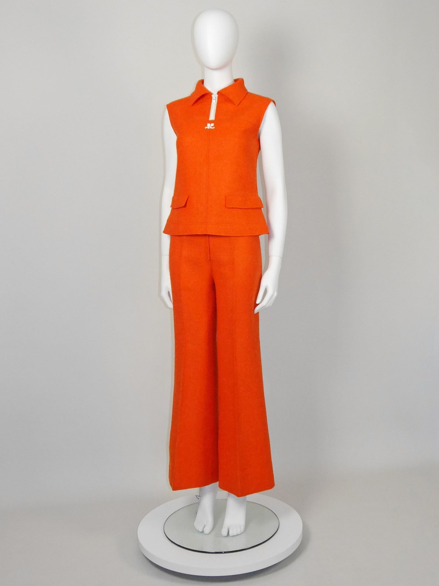 COURRÈGES 1960s 1970s Vintage Orange Wool Top & Pants Suit w/ Logo Size XS