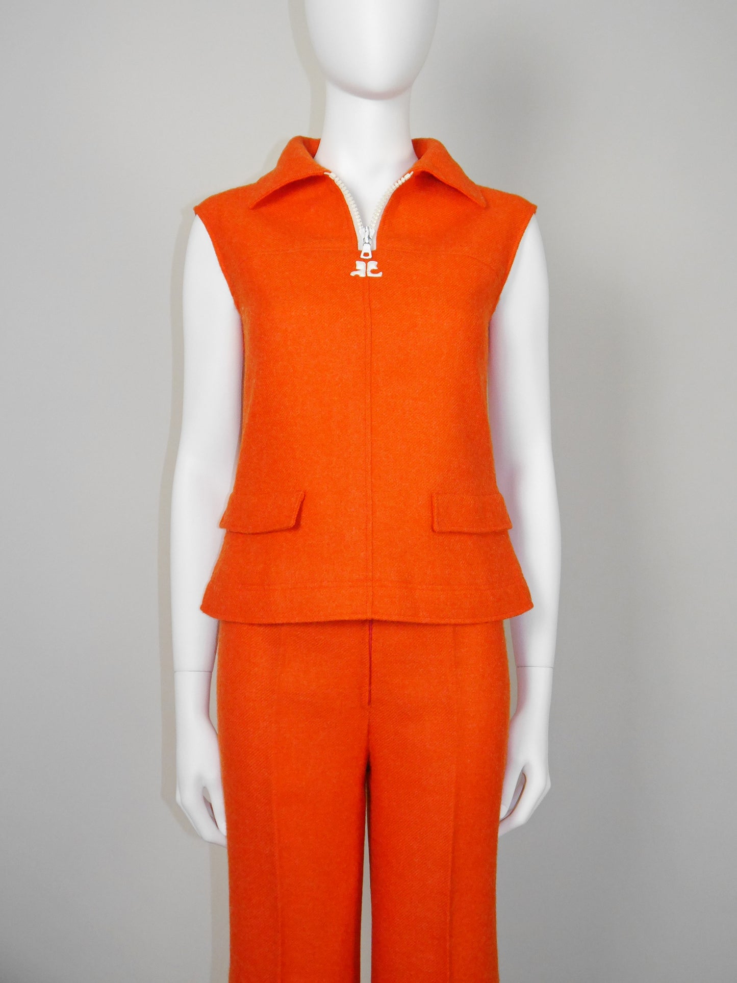 COURRÈGES 1960s 1970s Vintage Orange Wool Top & Pants Suit w/ Logo Size XS