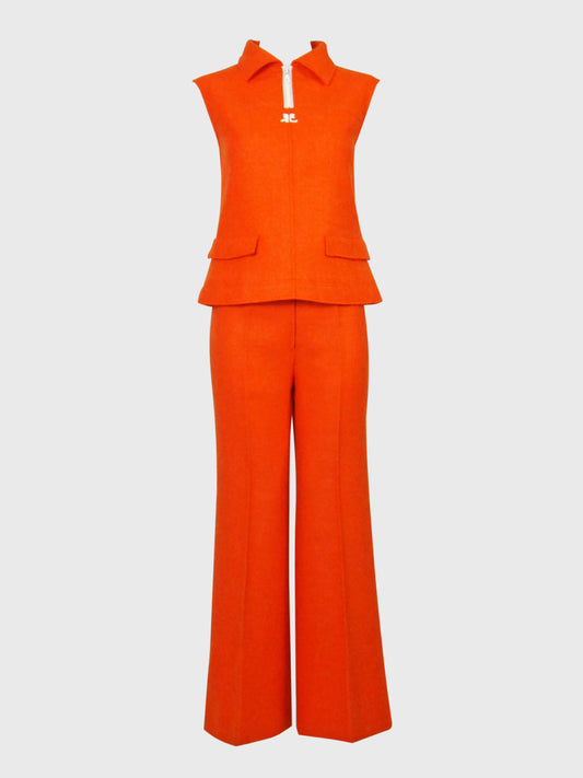 COURRÈGES 1960s 1970s Vintage Orange Wool Top & Pants Suit w/ Logo Size XS