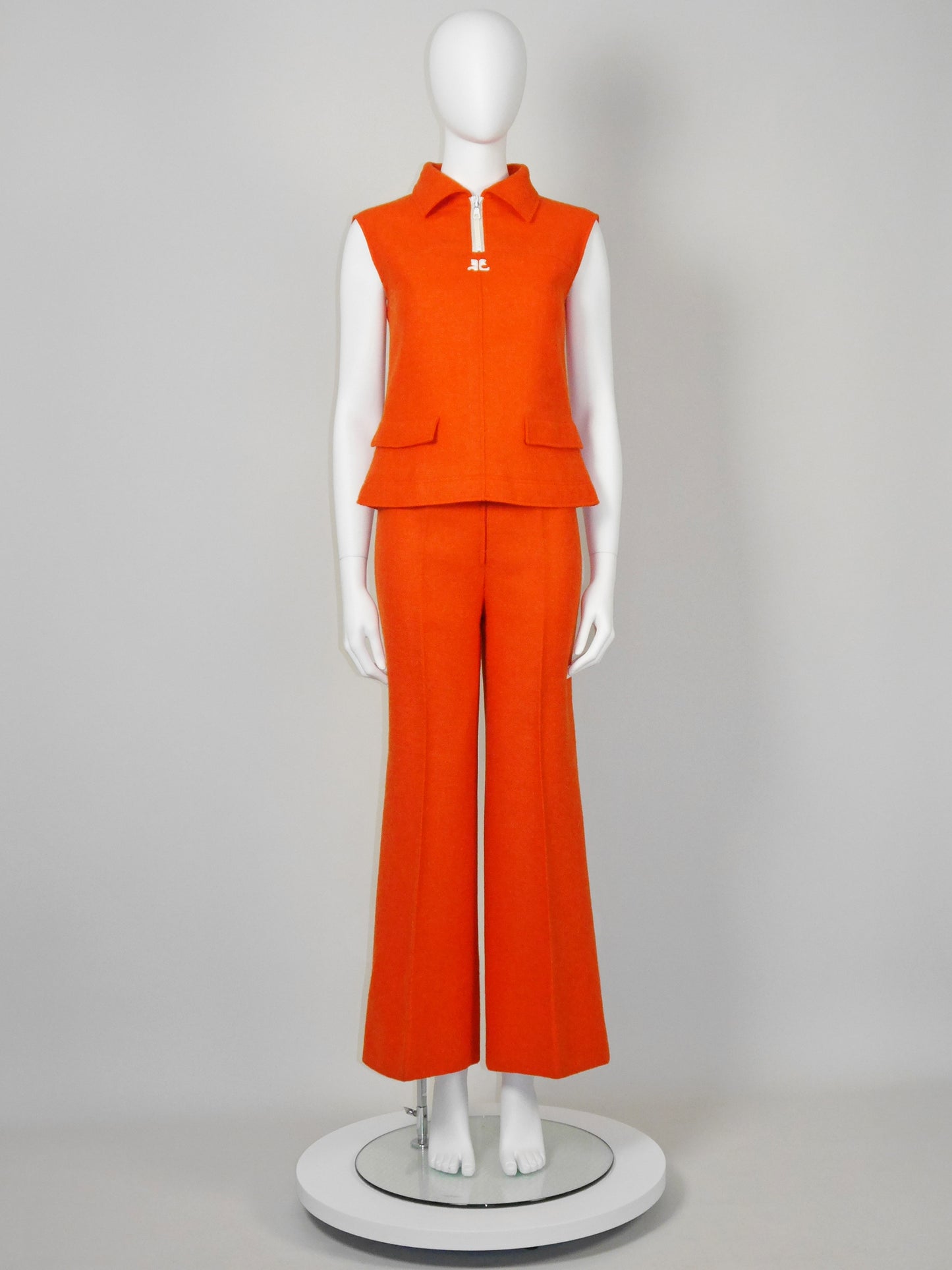 COURRÈGES 1960s 1970s Vintage Orange Wool Top & Pants Suit w/ Logo Size XS