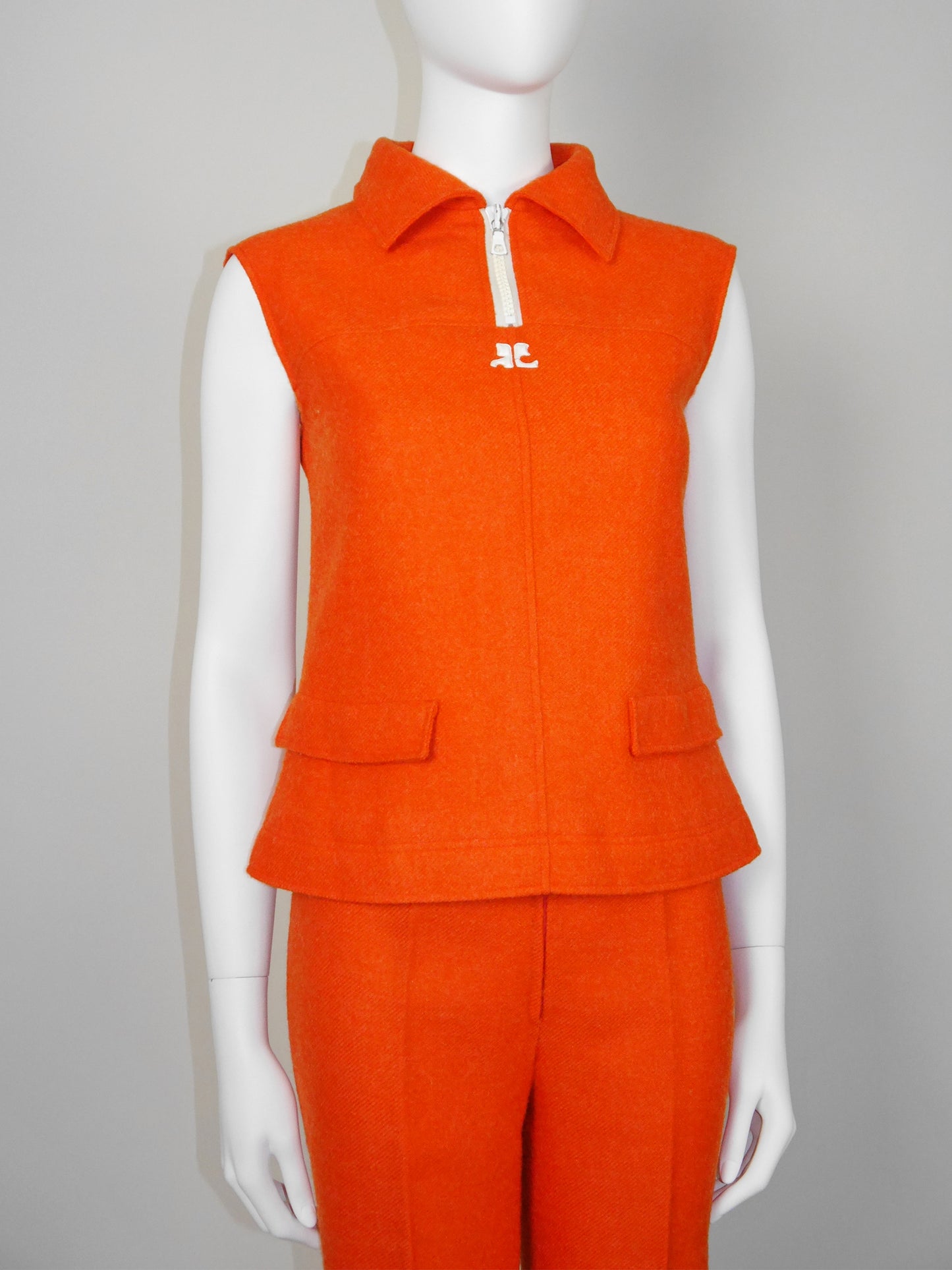 COURRÈGES 1960s 1970s Vintage Orange Wool Top & Pants Suit w/ Logo Size XS