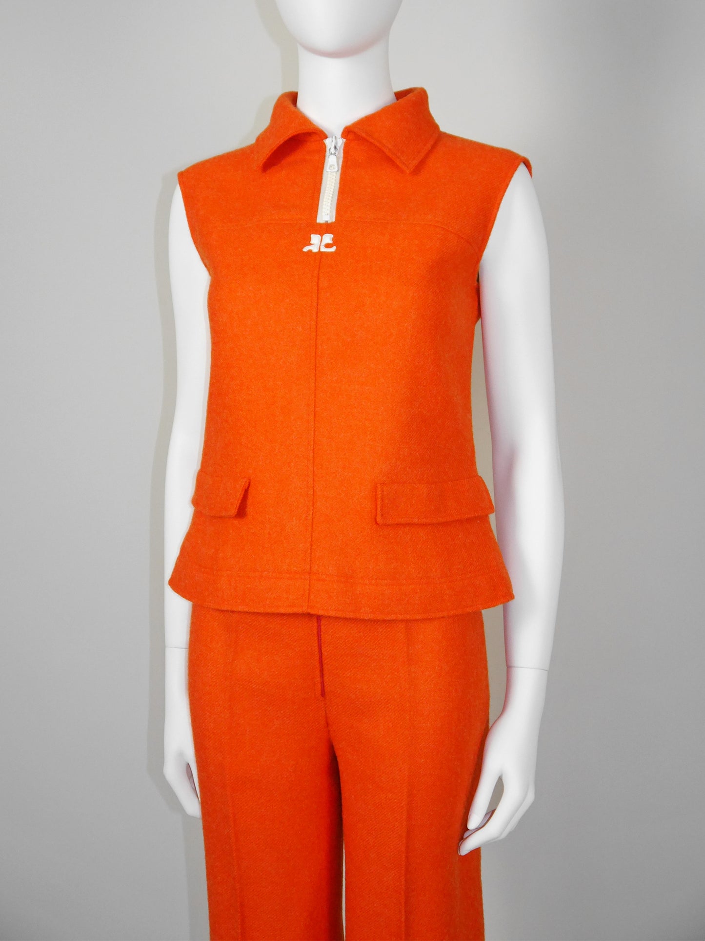 COURRÈGES 1960s 1970s Vintage Orange Wool Top & Pants Suit w/ Logo Size XS