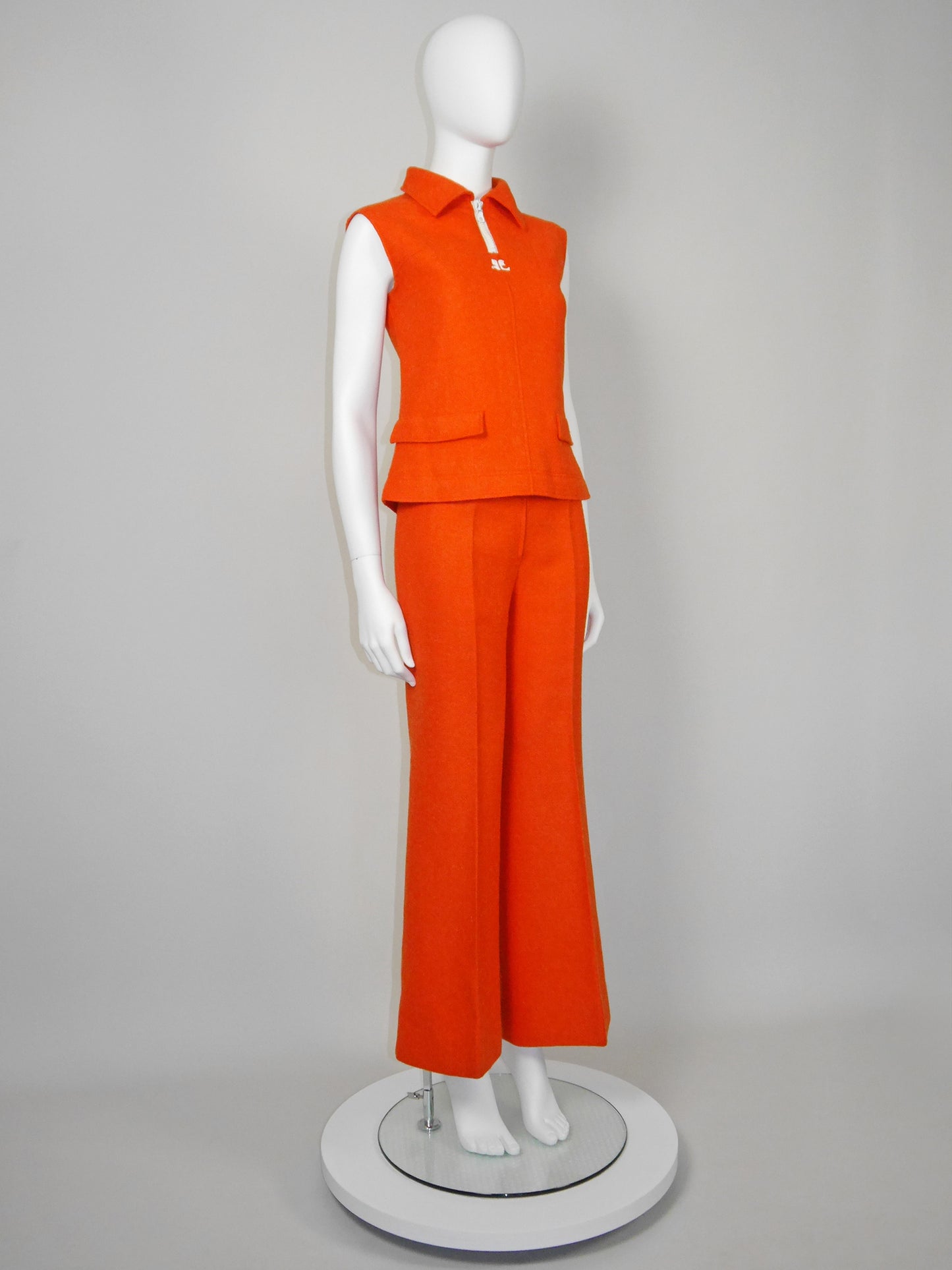 COURRÈGES 1960s 1970s Vintage Orange Wool Top & Pants Suit w/ Logo Size XS