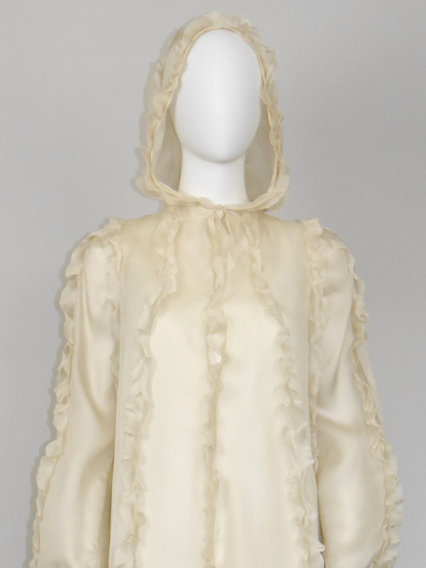 COURRÈGES Fall 1976 Documented Vintage Silk Organza Hooded Maxi Evening Coat Size XS