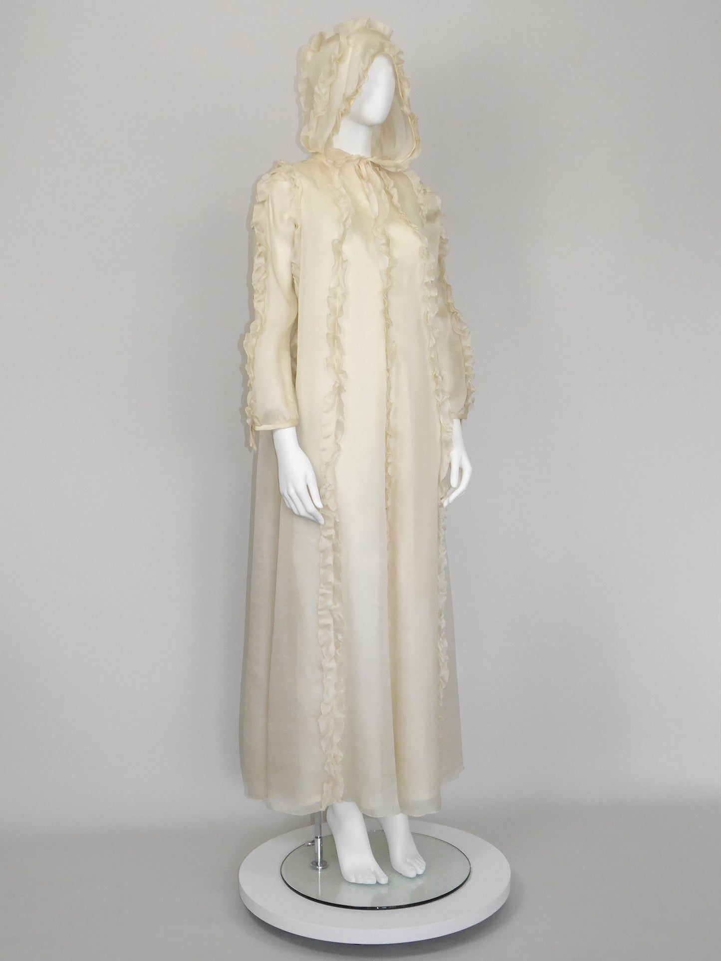 COURRÈGES Fall 1976 Documented Vintage Silk Organza Hooded Maxi Evening Coat Size XS
