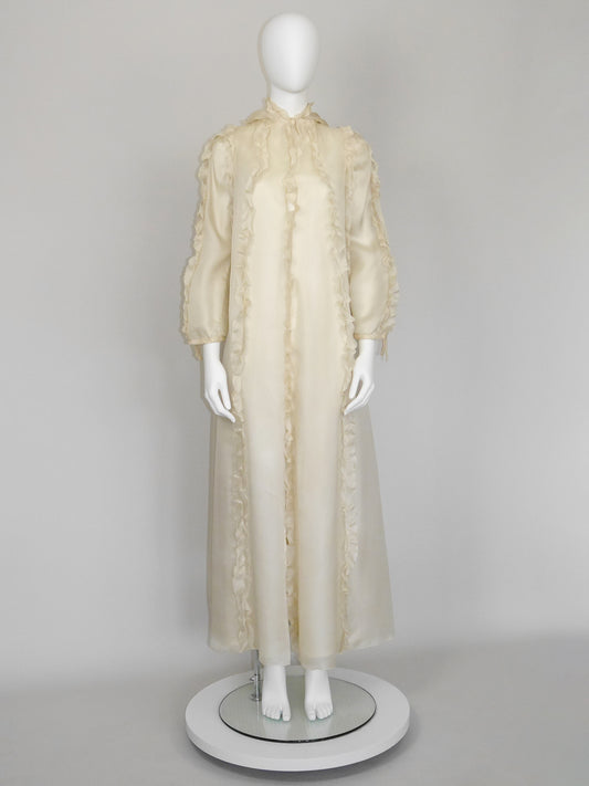 COURRÈGES Fall 1976 Documented Vintage Silk Organza Hooded Maxi Evening Coat Size XS