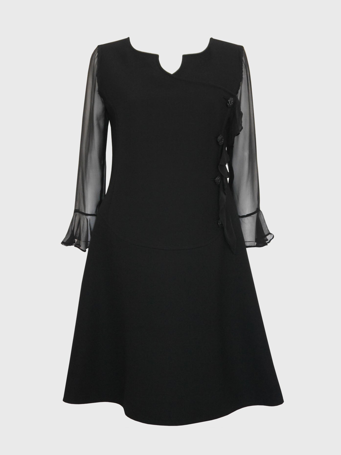 COURRÈGES Couture c. 1969 Documented Vintage Black Evening Dress Size L