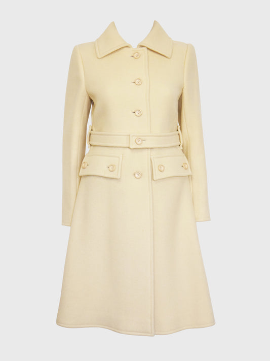 COURRÈGES 1970s Vintage Cream Beige Belted Wool Coat