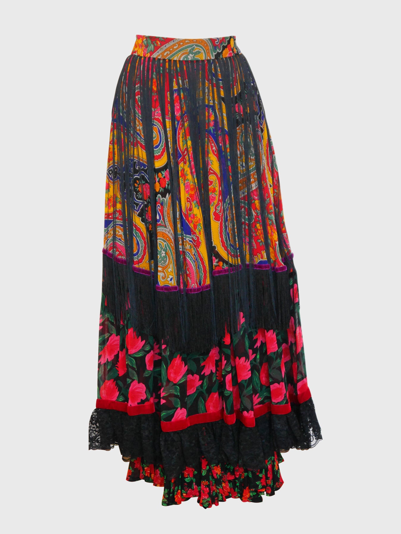 DOLCE & GABBANA Fall 1993 Vintage Fringed Tiered Hippie Peasant Maxi Skirt Size S-M