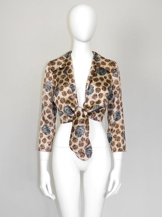 DOLCE & GABBANA Fall 1996 Vintage Cropped Rose Print Silk Blouse or Jacket Size S