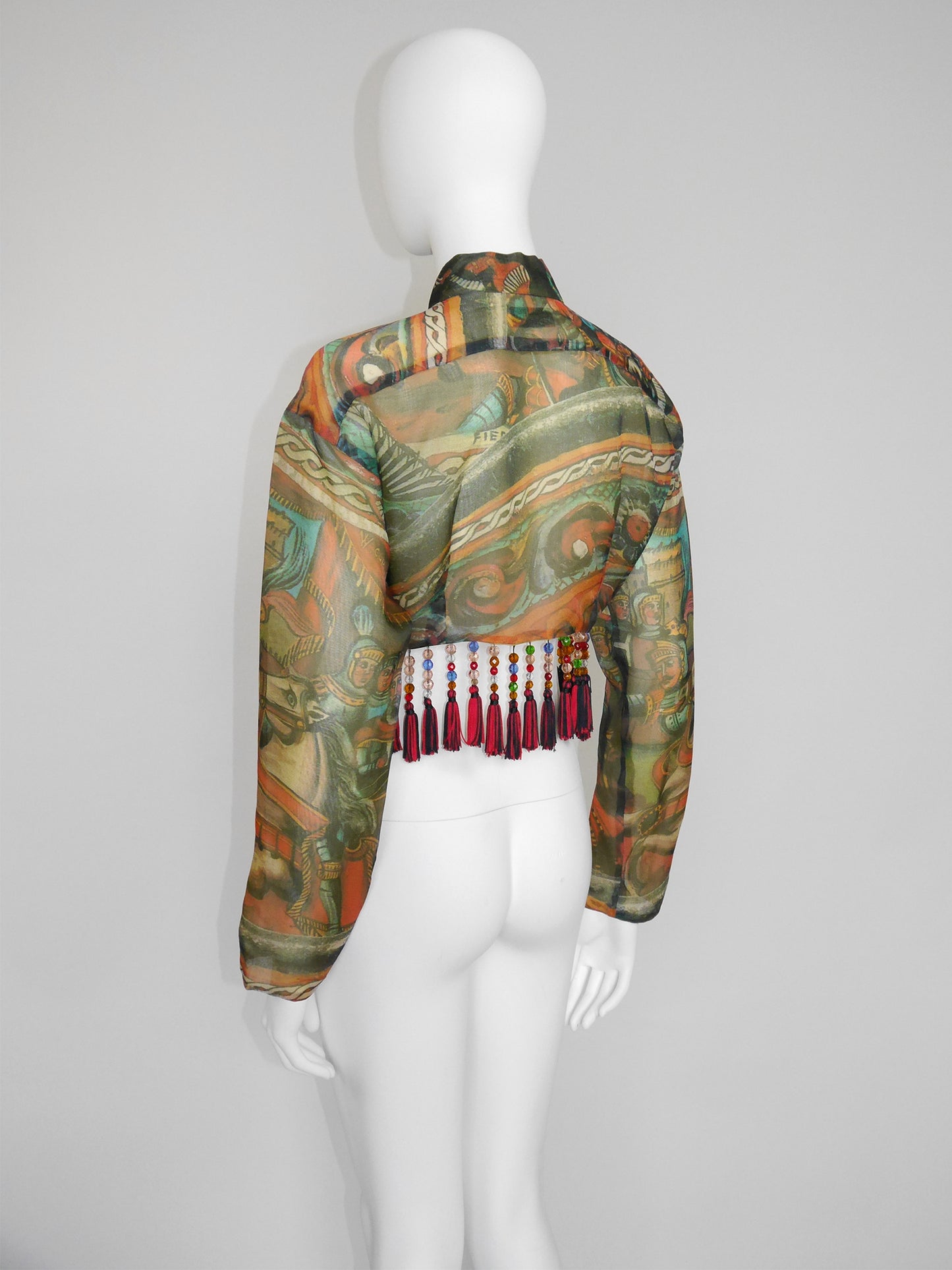 DOLCE & GABBANA Spring 1992 Vintage Cropped Silk Blouse w/ Beaded Tassels Size M