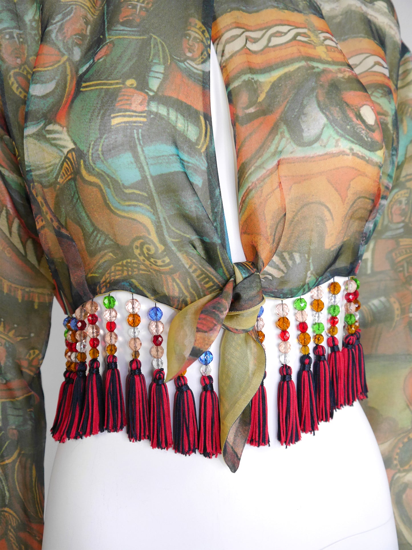 DOLCE & GABBANA Spring 1992 Vintage Cropped Silk Blouse w/ Beaded Tassels Size M