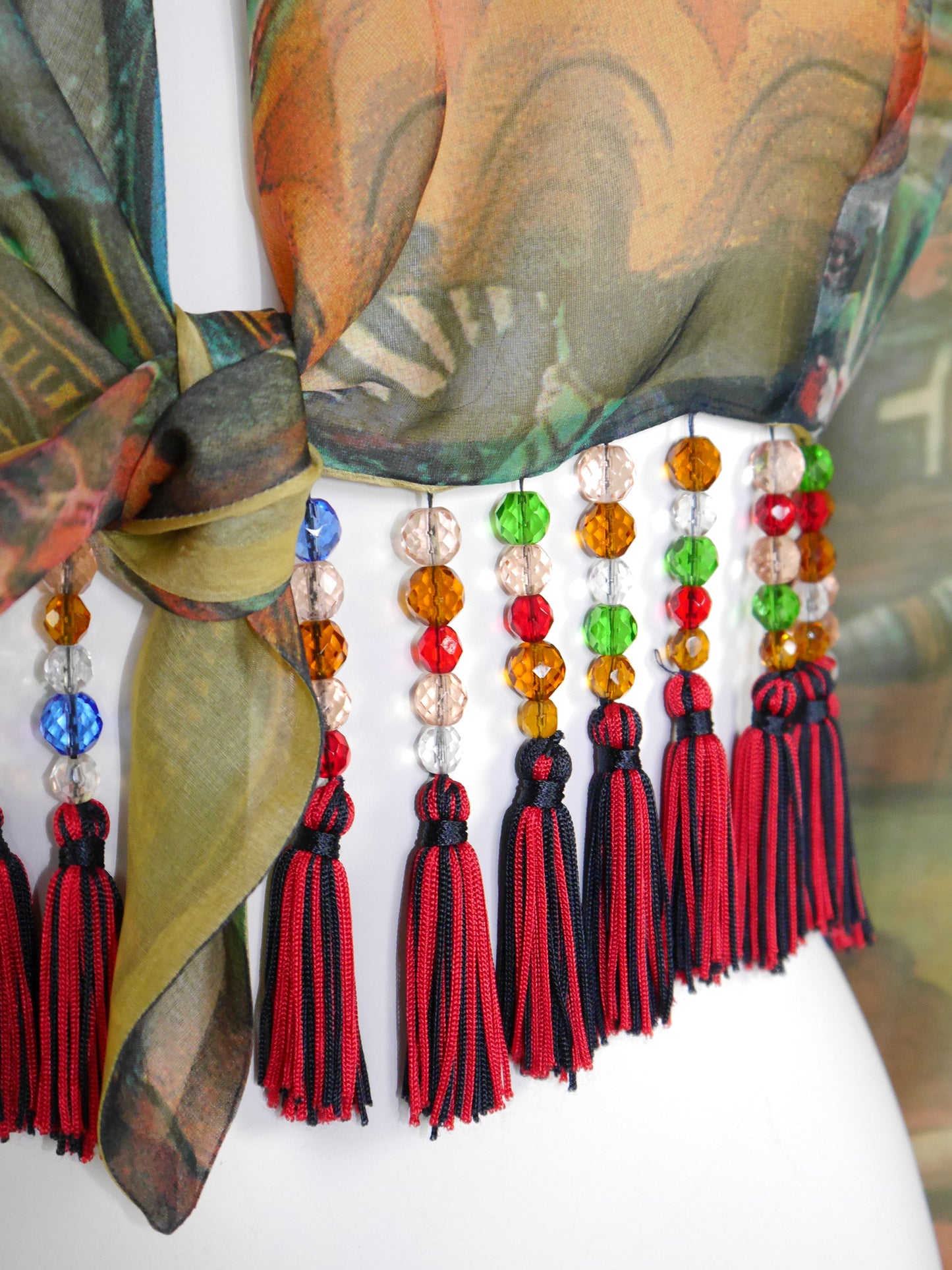DOLCE & GABBANA Spring 1992 Vintage Cropped Silk Blouse w/ Beaded Tassels Size M