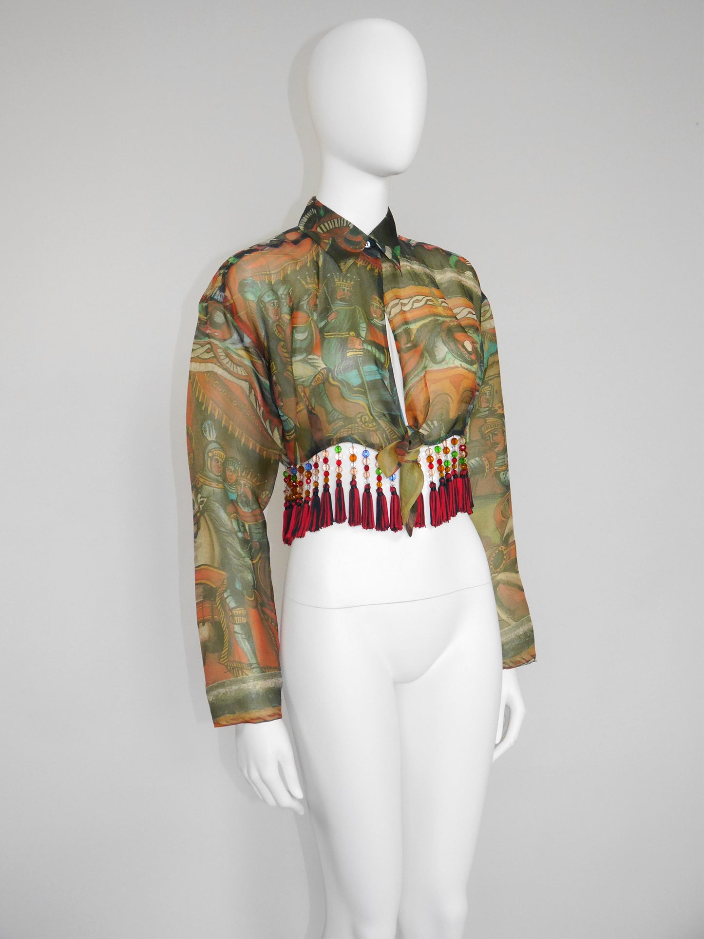 DOLCE & GABBANA Spring 1992 Vintage Cropped Silk Blouse w/ Beaded Tassels Size M